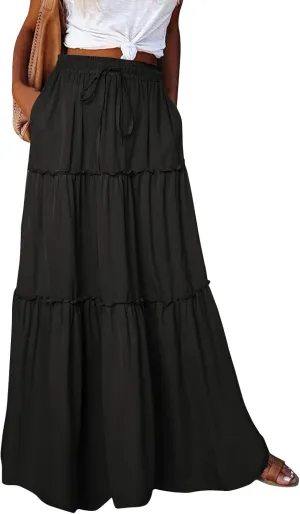 Maxi Floral Skirts for Women Trendy Boho Long Flowy Tiered Skirt Tie Front High Elastic Waist Smocked Skirts with Pockets