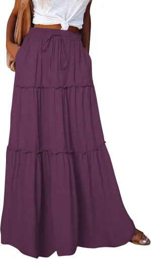 Maxi Floral Skirts for Women Trendy High Elastic Waist Smocked Boho Long Flowy Tiered Skirt Tie Front Skirts with Pockets