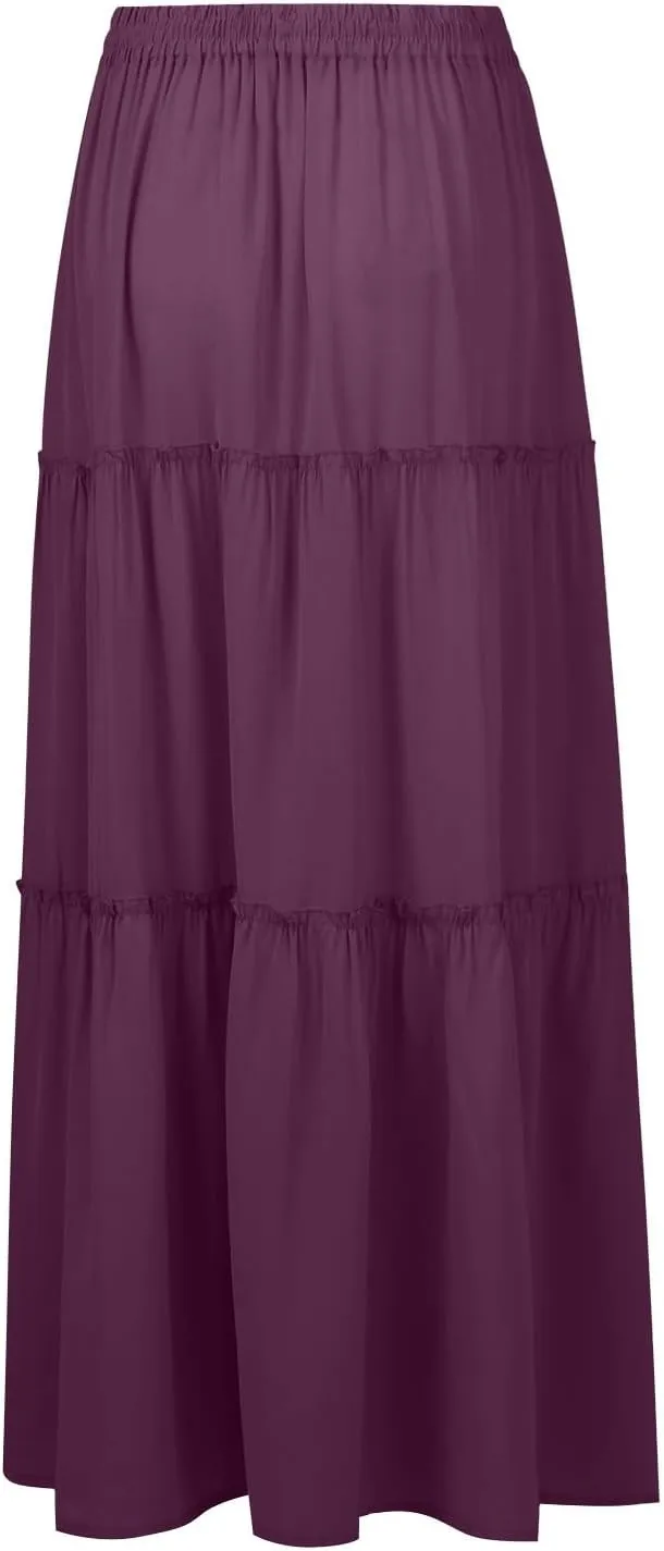 Maxi Floral Skirts for Women Trendy High Elastic Waist Smocked Boho Long Flowy Tiered Skirt Tie Front Skirts with Pockets