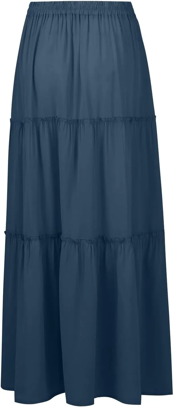 Maxi Floral Skirts for Women Trendy High Elastic Waist Smocked Boho Long Flowy Tiered Skirt Tie Front Skirts with Pockets