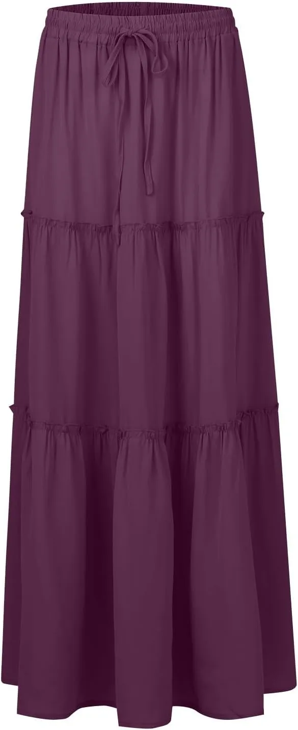 Maxi Floral Skirts for Women Trendy High Elastic Waist Smocked Boho Long Flowy Tiered Skirt Tie Front Skirts with Pockets