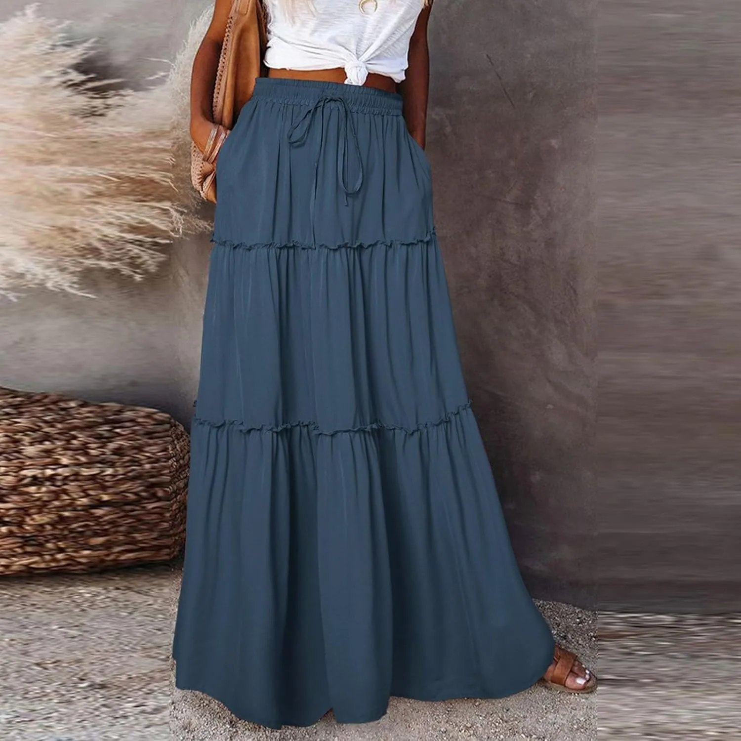 Maxi Floral Skirts for Women Trendy High Elastic Waist Smocked Boho Long Flowy Tiered Skirt Tie Front Skirts with Pockets