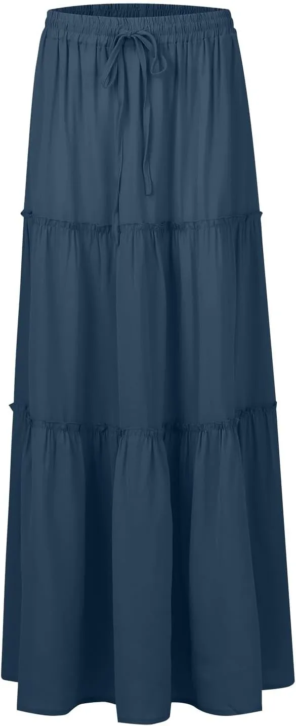 Maxi Floral Skirts for Women Trendy High Elastic Waist Smocked Boho Long Flowy Tiered Skirt Tie Front Skirts with Pockets