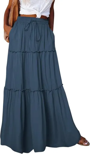 Maxi Floral Skirts for Women Trendy High Elastic Waist Smocked Boho Long Flowy Tiered Skirt Tie Front Skirts with Pockets