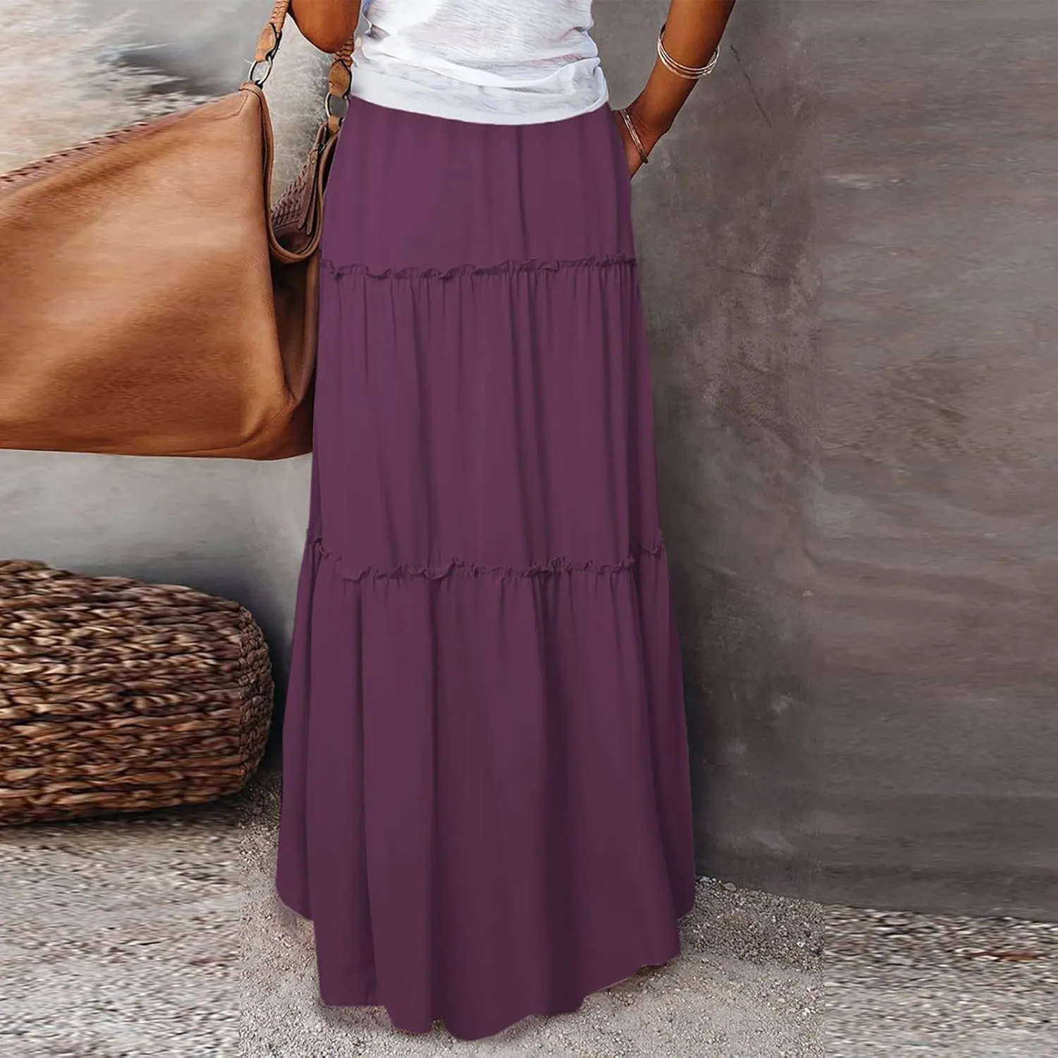Maxi Floral Skirts for Women Trendy High Elastic Waist Smocked Boho Long Flowy Tiered Skirt Tie Front Skirts with Pockets