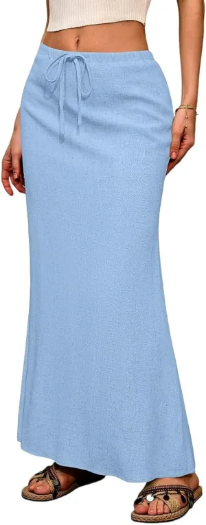 Maxi Linen Flare Skirts for Women Trendy Summer with Slit Long Flowy Drawstring Elastic Waist Low Rise A Line Skorts