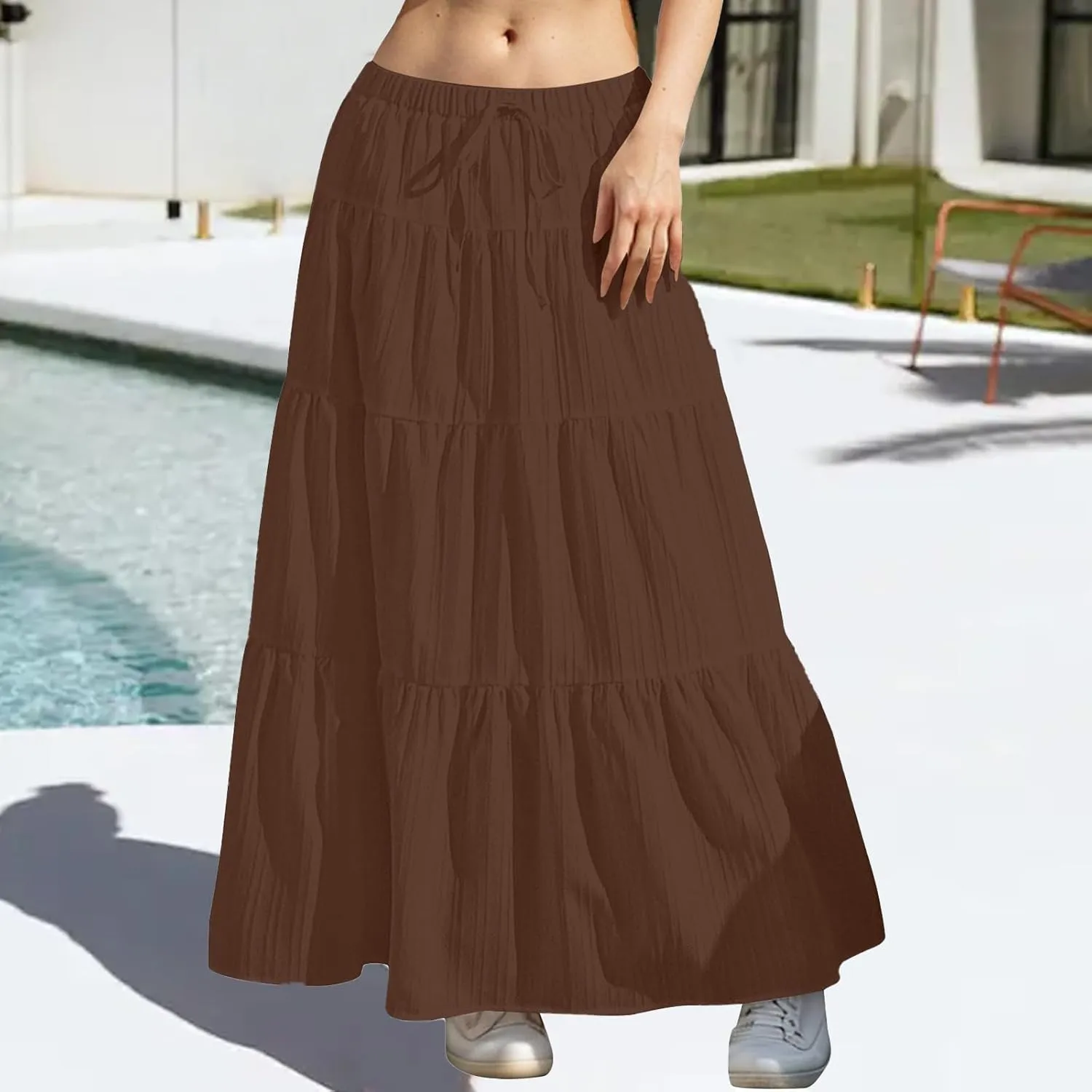 Maxi Skirt for Women 2025 Vacation Boho Flowy Swing Tiered A-Line Maxi Skirts Elastic Waist Pleated Long Beach Dress