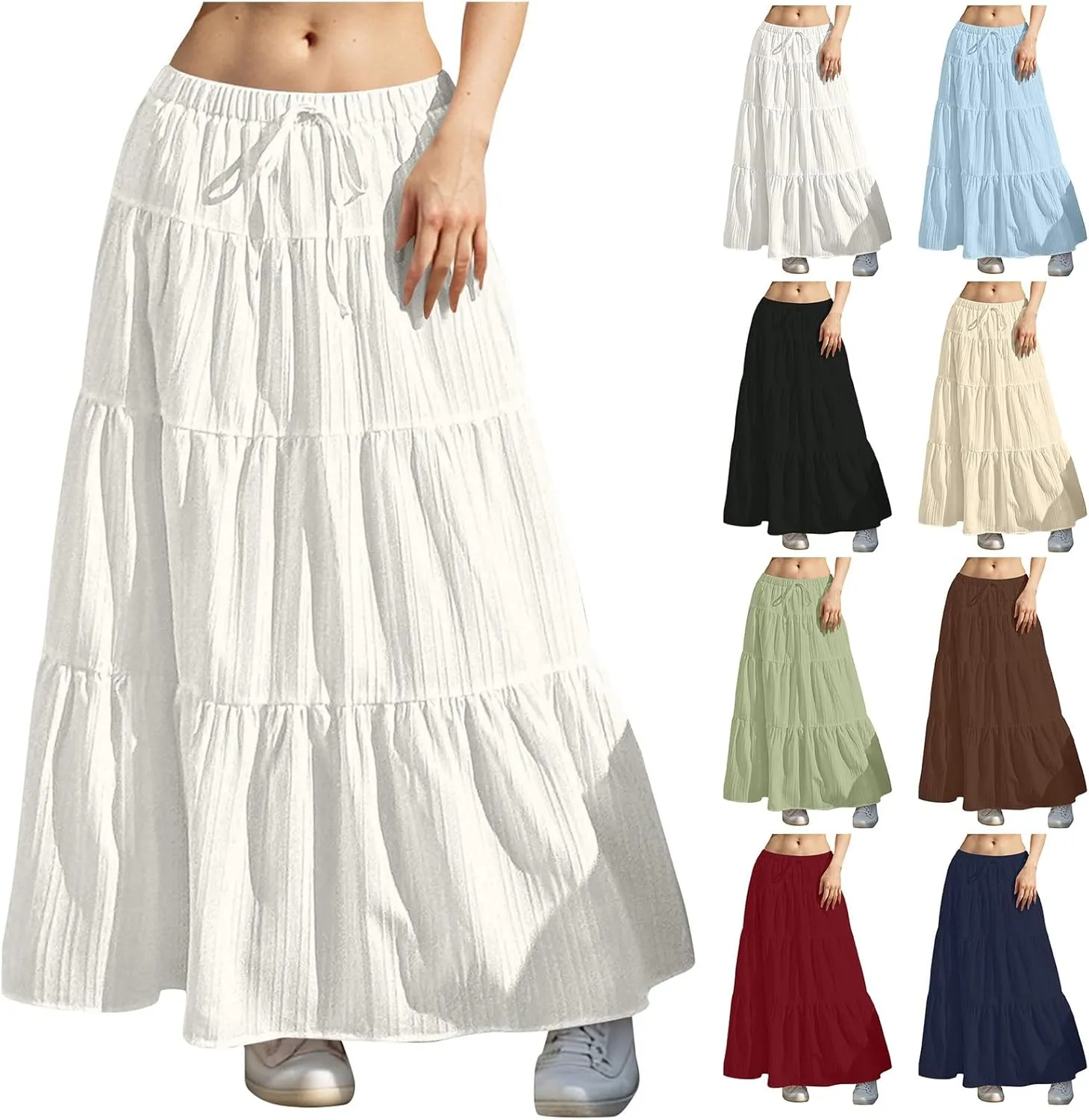 Maxi Skirt for Women 2025 Vacation Boho Flowy Swing Tiered A-Line Maxi Skirts Elastic Waist Pleated Long Beach Dress
