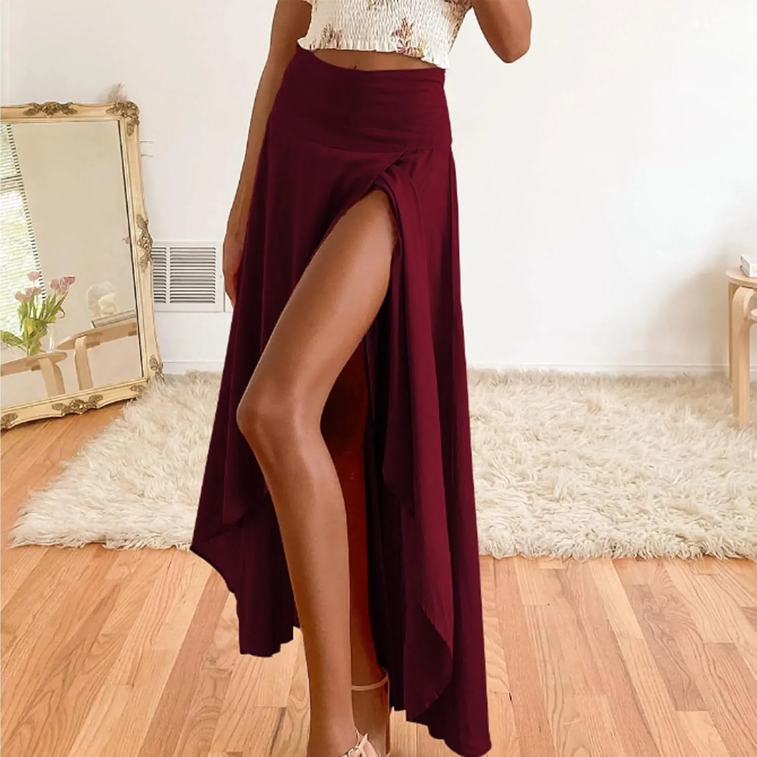 Maxi Skirt for Women High Elastic Waist Satin Summer Lightweight Ruffle Hem Long Skirts Palazzo A-Line for Going Out