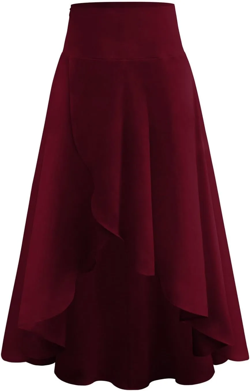 Maxi Skirt for Women High Elastic Waist Satin Summer Lightweight Ruffle Hem Long Skirts Palazzo A-Line for Going Out