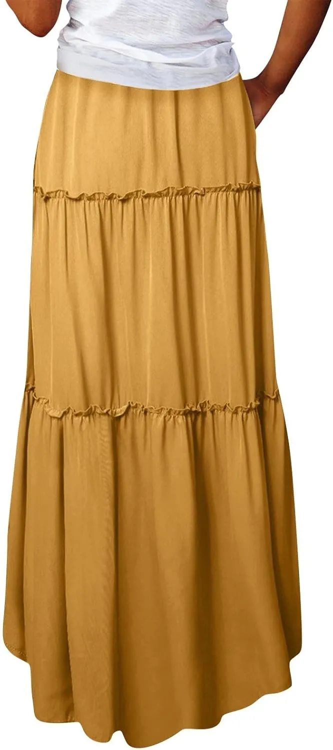 Maxi Skirts for Women Beach Boho Skirts Flowy Swing Ruffle Tiered High Waisted Summer Floral Skort with Pockets