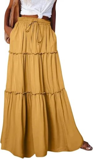 Maxi Skirts for Women Beach Boho Skirts Flowy Swing Ruffle Tiered High Waisted Summer Floral Skort with Pockets