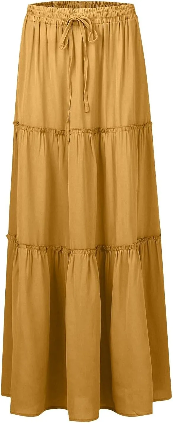 Maxi Skirts for Women Beach Boho Skirts Flowy Swing Ruffle Tiered High Waisted Summer Floral Skort with Pockets