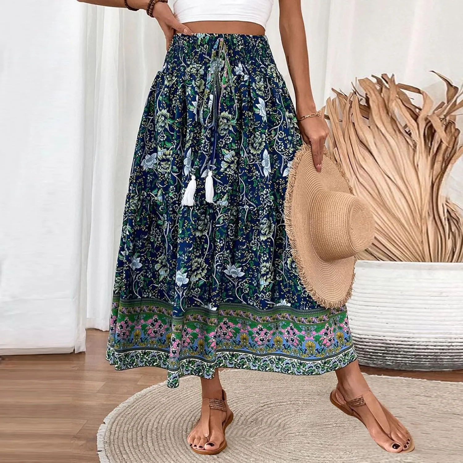 Maxi Skirts for Women Trendy Summer Tiered Elastic High Waisted Floral Skirt Vacation A Line Flowy Long Skirts