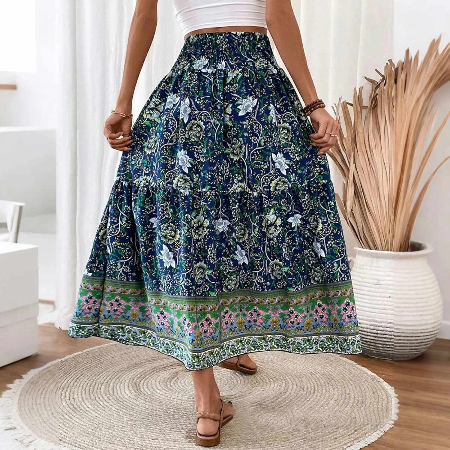 Maxi Skirts for Women Trendy Summer Tiered Elastic High Waisted Floral Skirt Vacation A Line Flowy Long Skirts