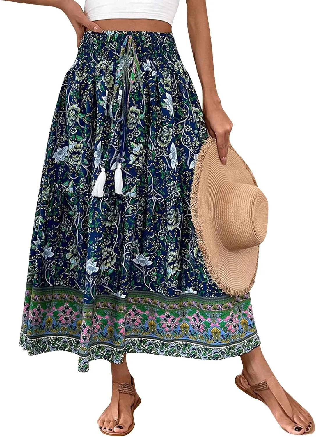 Maxi Skirts for Women Trendy Summer Tiered Elastic High Waisted Floral Skirt Vacation A Line Flowy Long Skirts