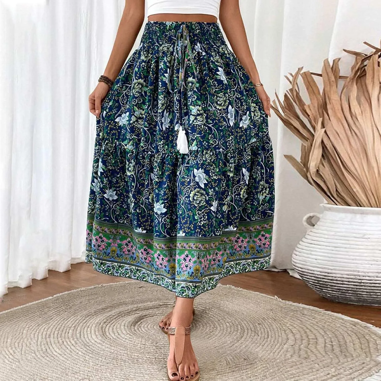 Maxi Skirts for Women Trendy Summer Tiered Elastic High Waisted Floral Skirt Vacation A Line Flowy Long Skirts