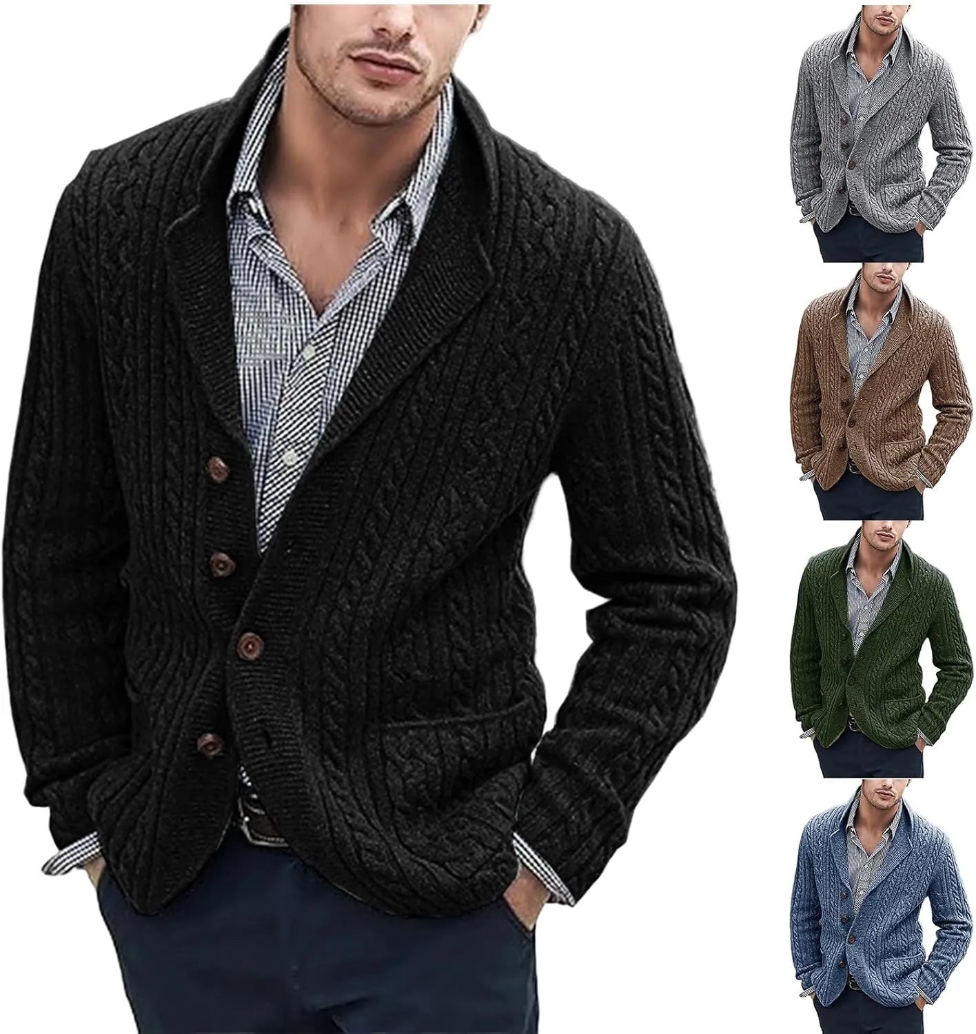 Mens Cable Knit Cardigan Sweater Shawl Collar Casual Long Sleeve Loose Fit Cardigans Button Down Knitted Sweaters
