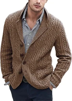 Mens Cable Knit Cardigan Sweater Shawl Collar Casual Long Sleeve Loose Fit Cardigans Button Down Knitted Sweaters