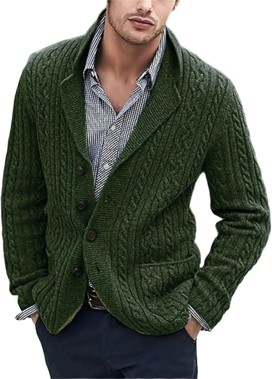 Mens Cable Knit Cardigan Sweater Shawl Collar Casual Long Sleeve Loose Fit Cardigans Button Down Knitted Sweaters