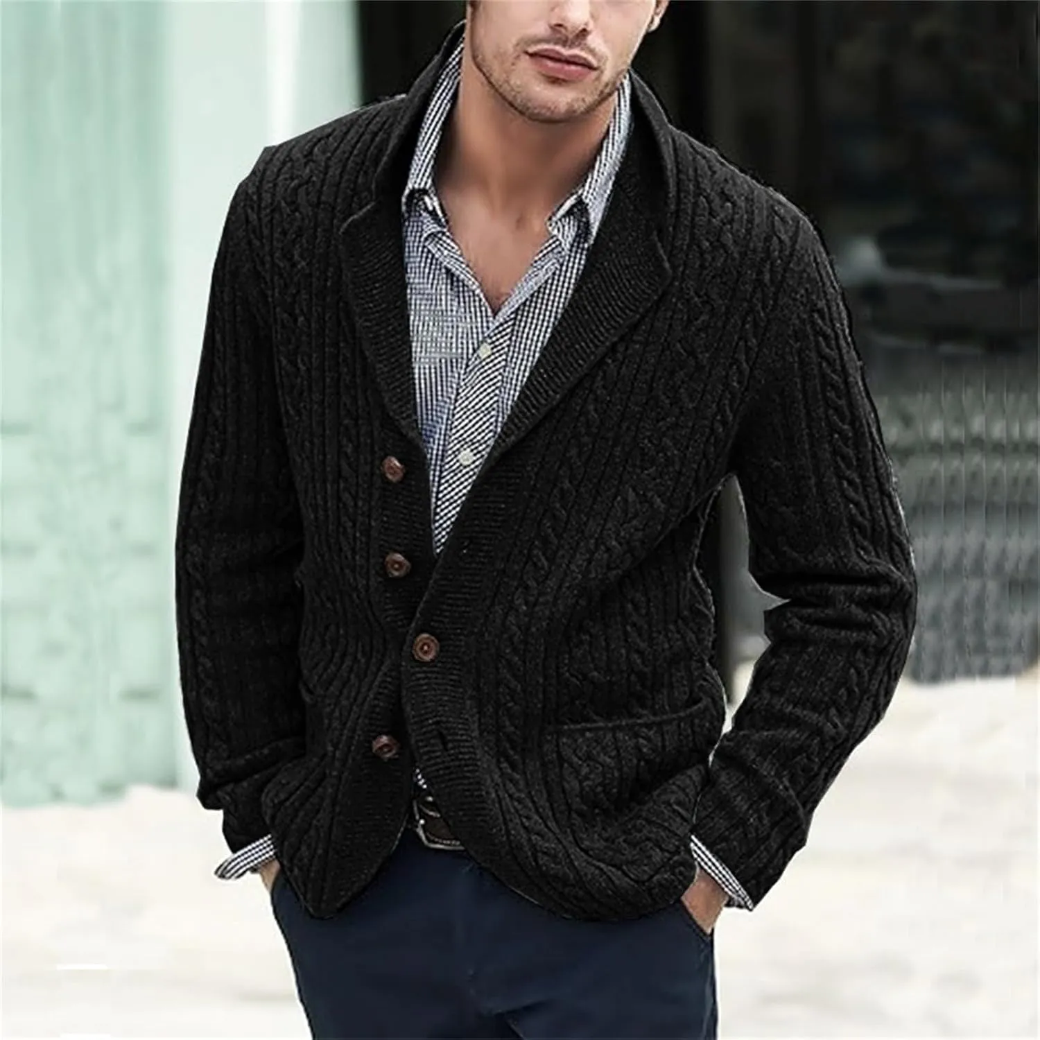Mens Cable Knit Cardigan Sweater Shawl Collar Casual Long Sleeve Loose Fit Cardigans Button Down Knitted Sweaters