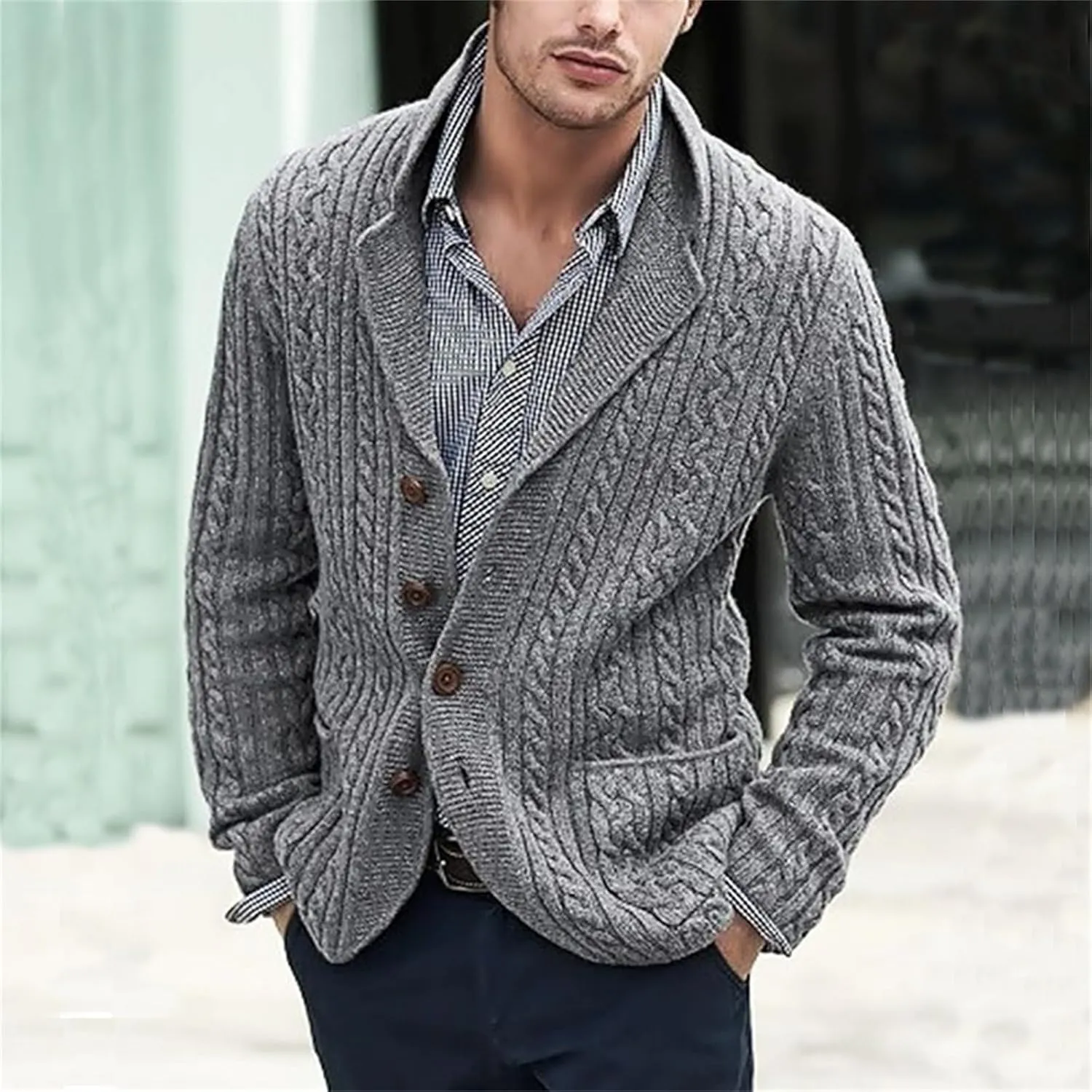 Mens Cable Knit Cardigan Sweater Shawl Collar Casual Long Sleeve Loose Fit Cardigans Button Down Knitted Sweaters