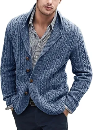 Mens Cable Knit Cardigan Sweater Shawl Collar Casual Long Sleeve Loose Fit Cardigans Button Down Knitted Sweaters