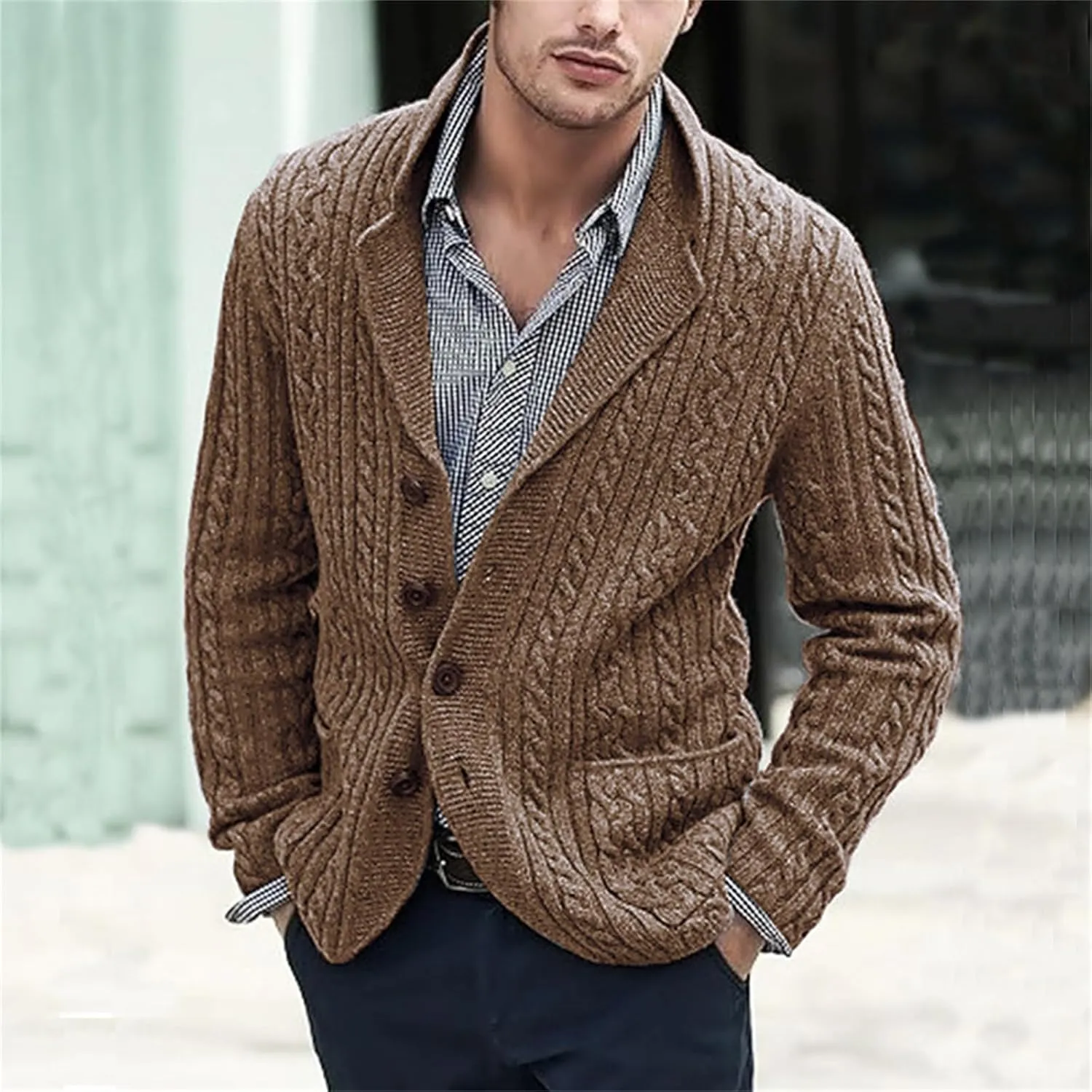 Mens Cable Knit Cardigan Sweater Shawl Collar Casual Long Sleeve Loose Fit Cardigans Button Down Knitted Sweaters