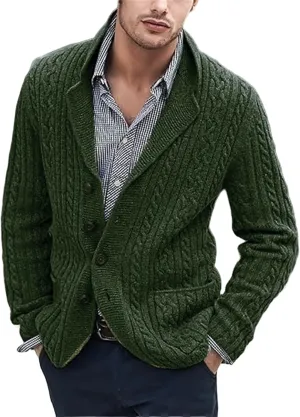 Mens Cable Knit Cardigan Sweater Shawl Collar Casual Long Sleeve Loose Fit Cardigans Button Down Knitted Sweaters