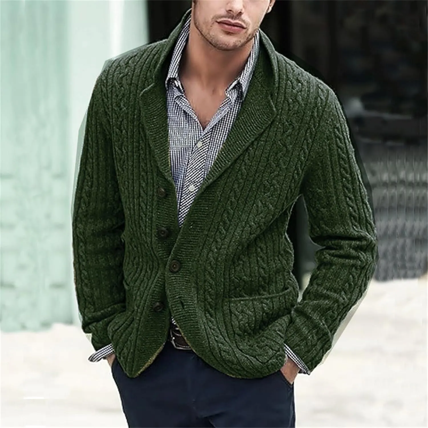 Mens Cable Knit Cardigan Sweater Shawl Collar Casual Long Sleeve Loose Fit Cardigans Button Down Knitted Sweaters