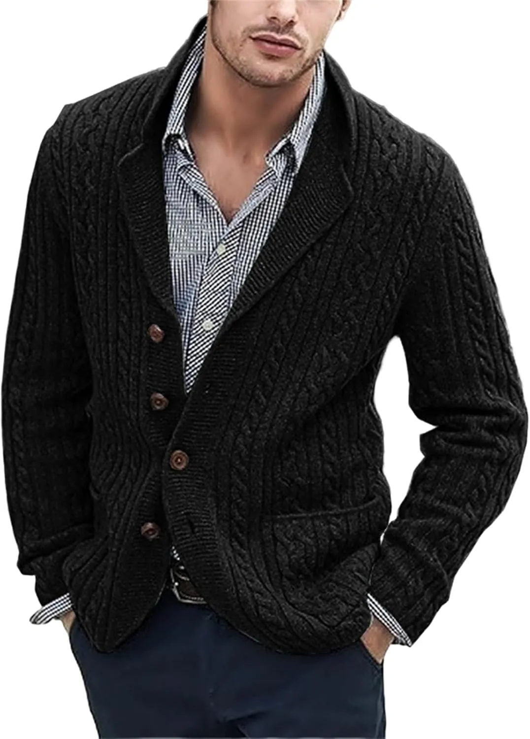 Mens Cable Knit Cardigan Sweater Shawl Collar Casual Long Sleeve Loose Fit Cardigans Button Down Knitted Sweaters