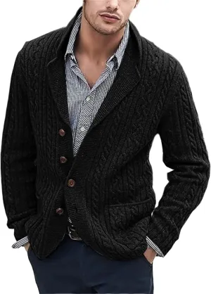 Mens Cable Knit Cardigan Sweater Shawl Collar Casual Long Sleeve Loose Fit Cardigans Button Down Knitted Sweaters