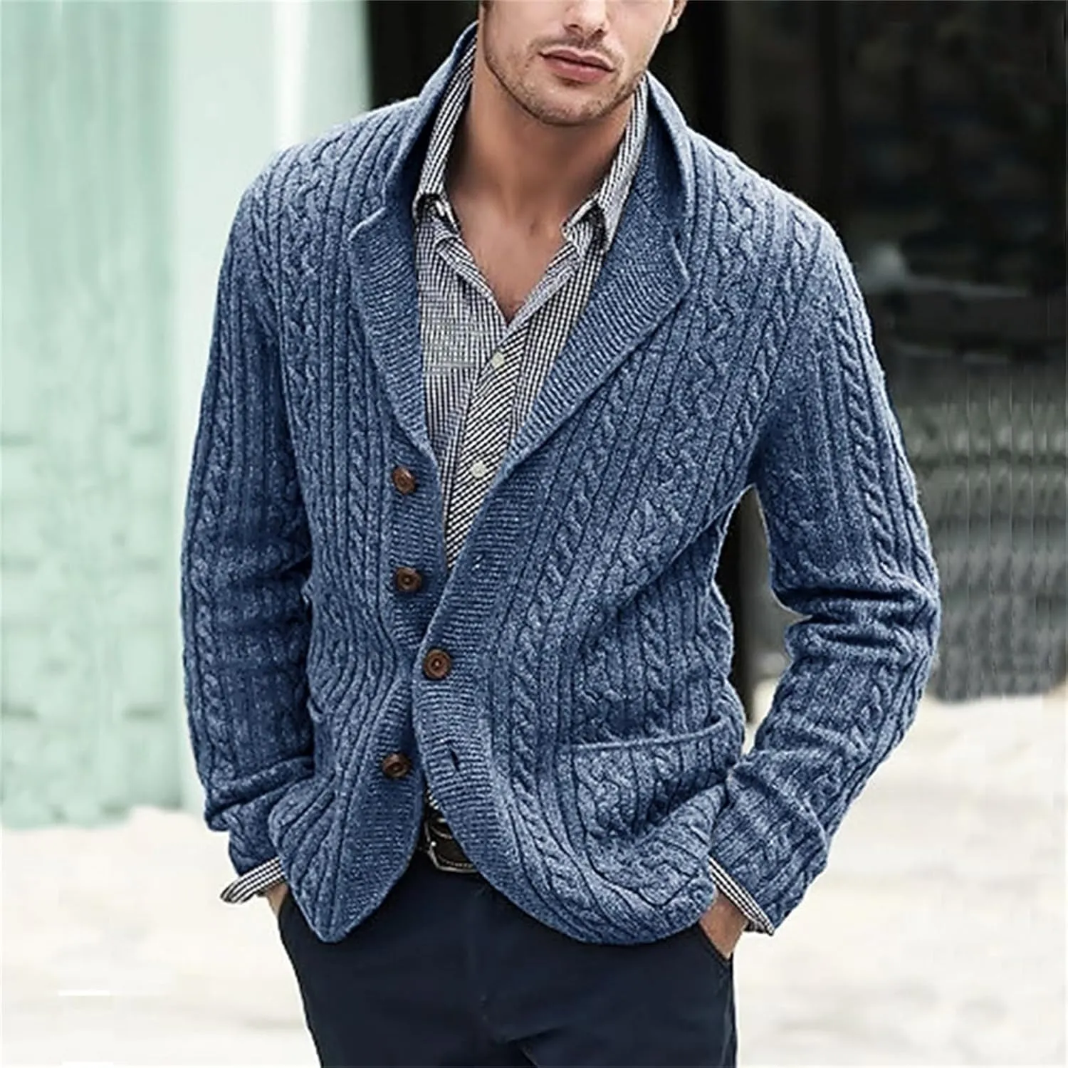 Mens Cable Knit Cardigan Sweater Shawl Collar Casual Long Sleeve Loose Fit Cardigans Button Down Knitted Sweaters