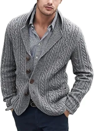 Mens Cable Knit Cardigan Sweater Shawl Collar Casual Long Sleeve Loose Fit Cardigans Button Down Knitted Sweaters