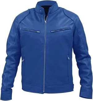 Mens Cafe Racer Motorcycle Bikers Leather Jackets- Casual Wear Plain Leather Jackets Mens (as1, alpha, x_s, regular, regular, Blue Biker Leather Jacket, XS)