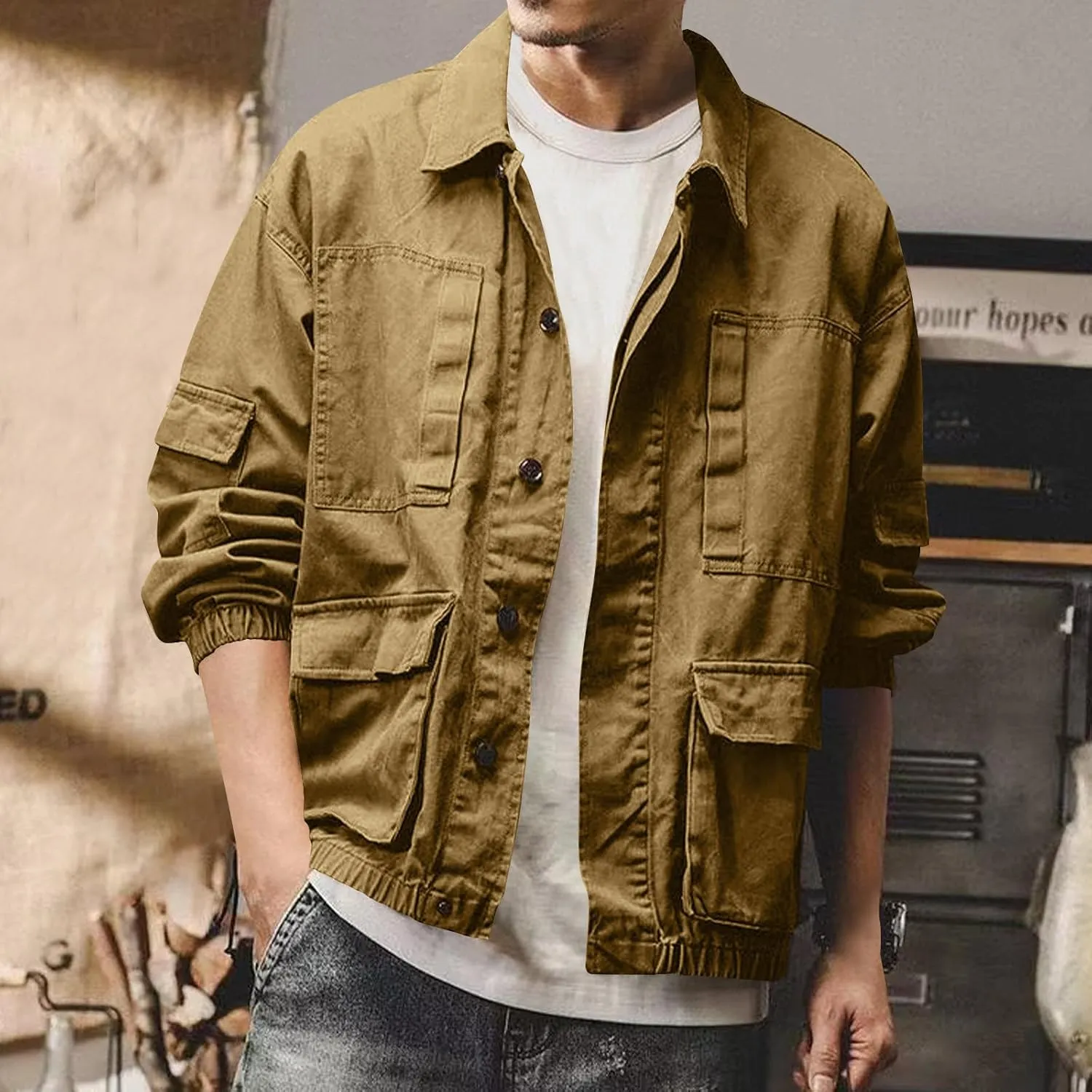 Men's Cargo Jackets Casual Solid Color Lapel Trucker Jacket 2024 Fashion Long Sleeve Shackets Jackets Outwear