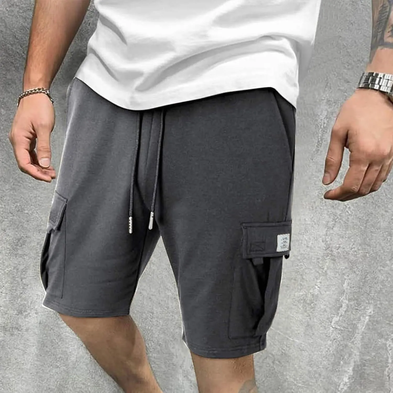 Men's Cargo Shorts Drawstring Elastic Waist Baggy Sports Sweat Shorts Big Tall Running Workout Shorts with Pockets