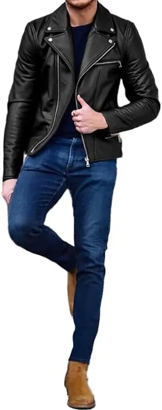 Men's Causal Leather Jackets Lapel Faux Leather Rocker Jackets Men's Zipper Moto Biker PU Leather Coat