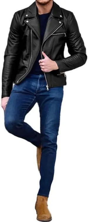 Men's Causal Leather Jackets Lapel Faux Leather Rocker Jackets Men's Zipper Moto Biker PU Leather Coat