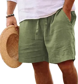 Men's Cotton Linen Elastic Waist Lounge Shorts Solid Beach Golf Shorts with Pockets Casual Drawstring Summer Shorts