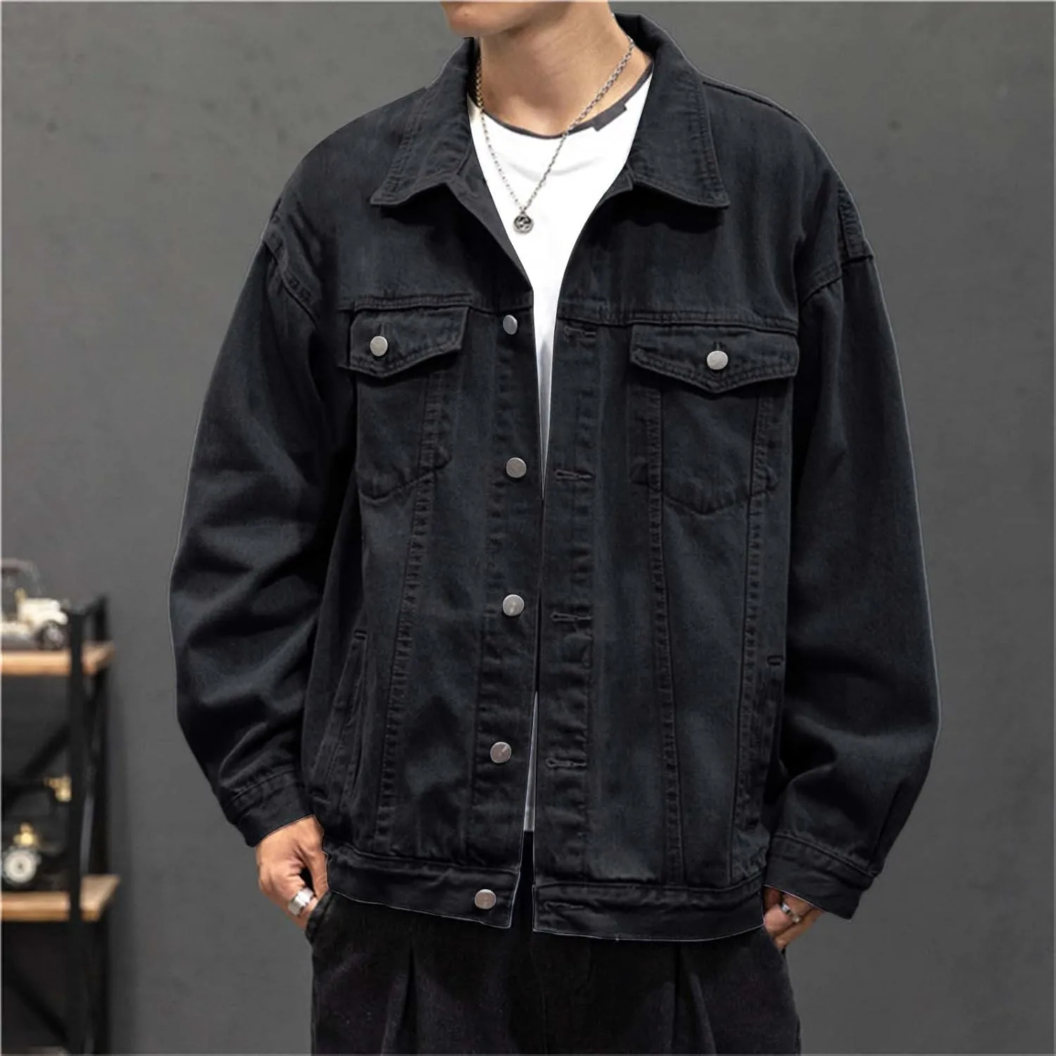 Mens Denim Trucker Jacket Distressed Ripped Motorcycle Slim Fit Blue Jean Jackets Coats Distressed Slim Denim Jackets