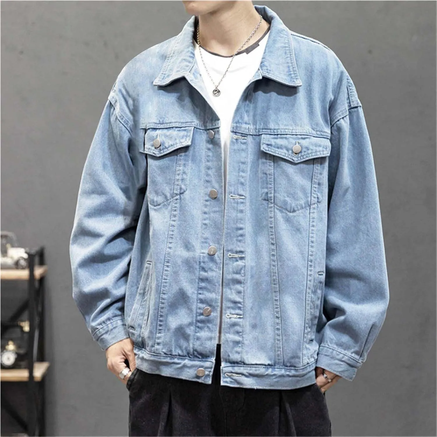 Mens Denim Trucker Jacket Distressed Ripped Motorcycle Slim Fit Blue Jean Jackets Coats Distressed Slim Denim Jackets