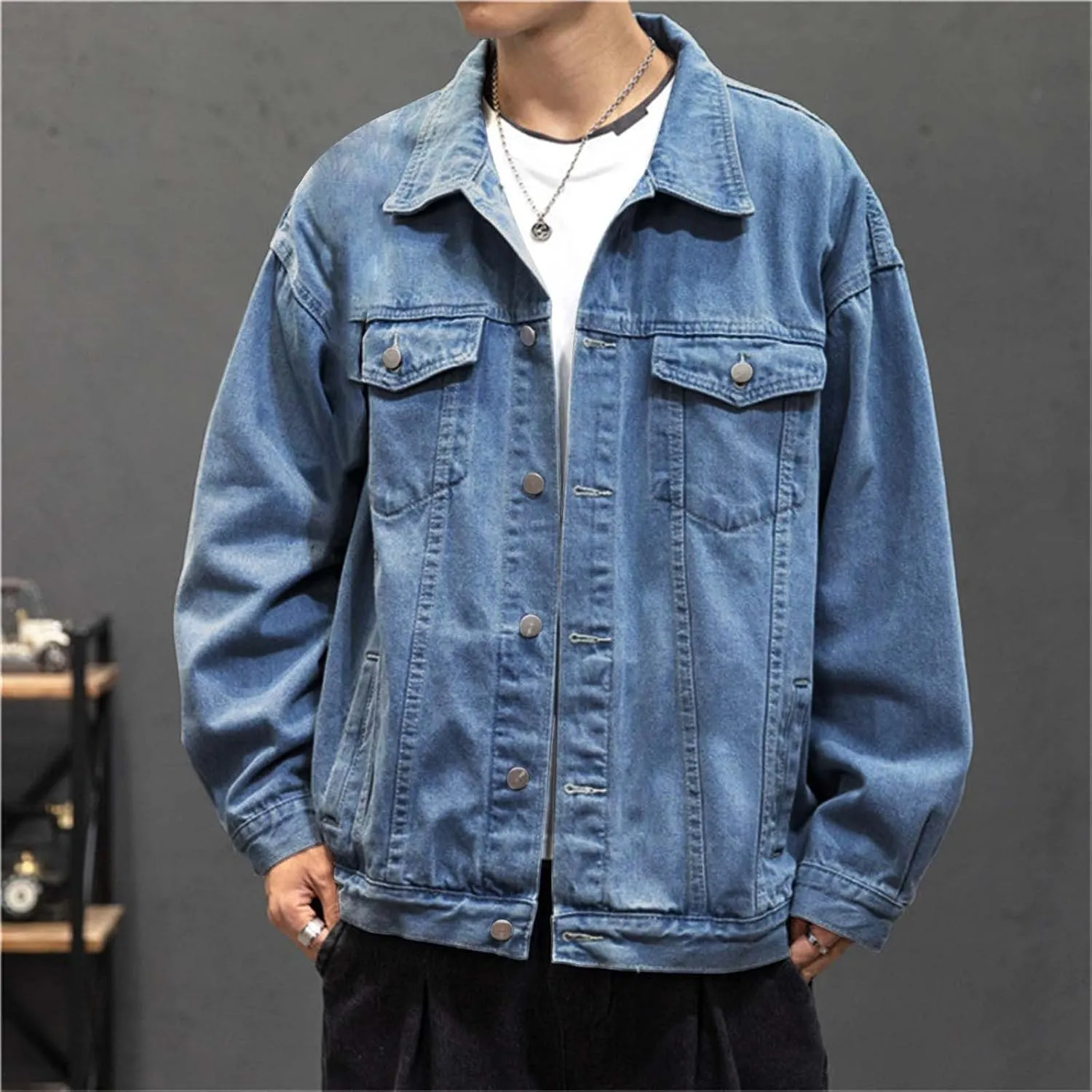 Mens Denim Trucker Jacket Distressed Ripped Motorcycle Slim Fit Blue Jean Jackets Coats Distressed Slim Denim Jackets