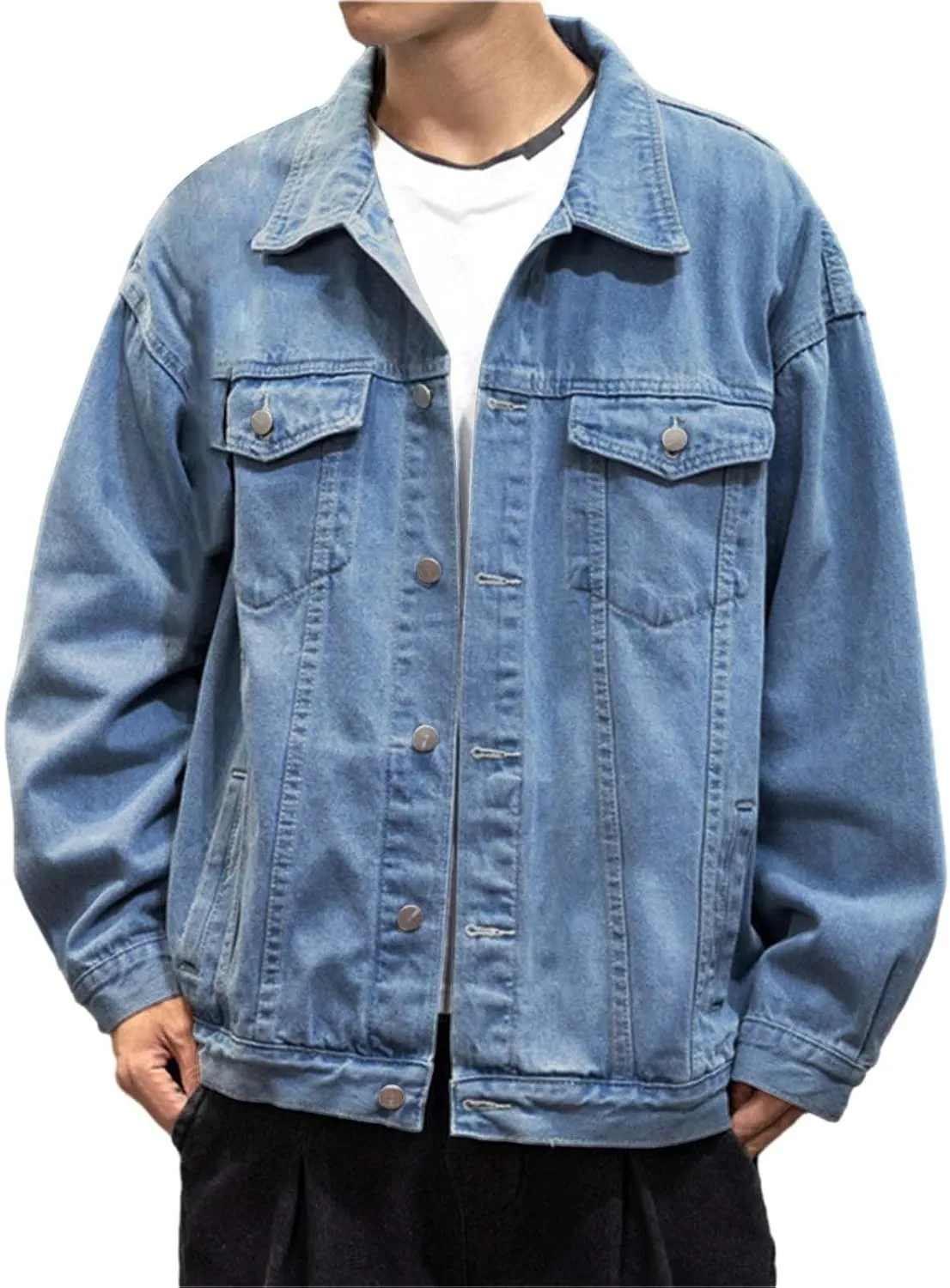 Mens Denim Trucker Jacket Distressed Ripped Motorcycle Slim Fit Blue Jean Jackets Coats Distressed Slim Denim Jackets
