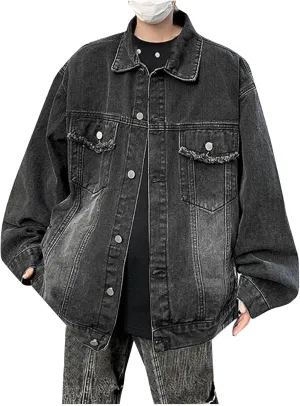Men's Distressed Denim Jacket Vintage Washed Jean Jacket Long Sleeve Button Down Denim Trucker Coat with Pockets