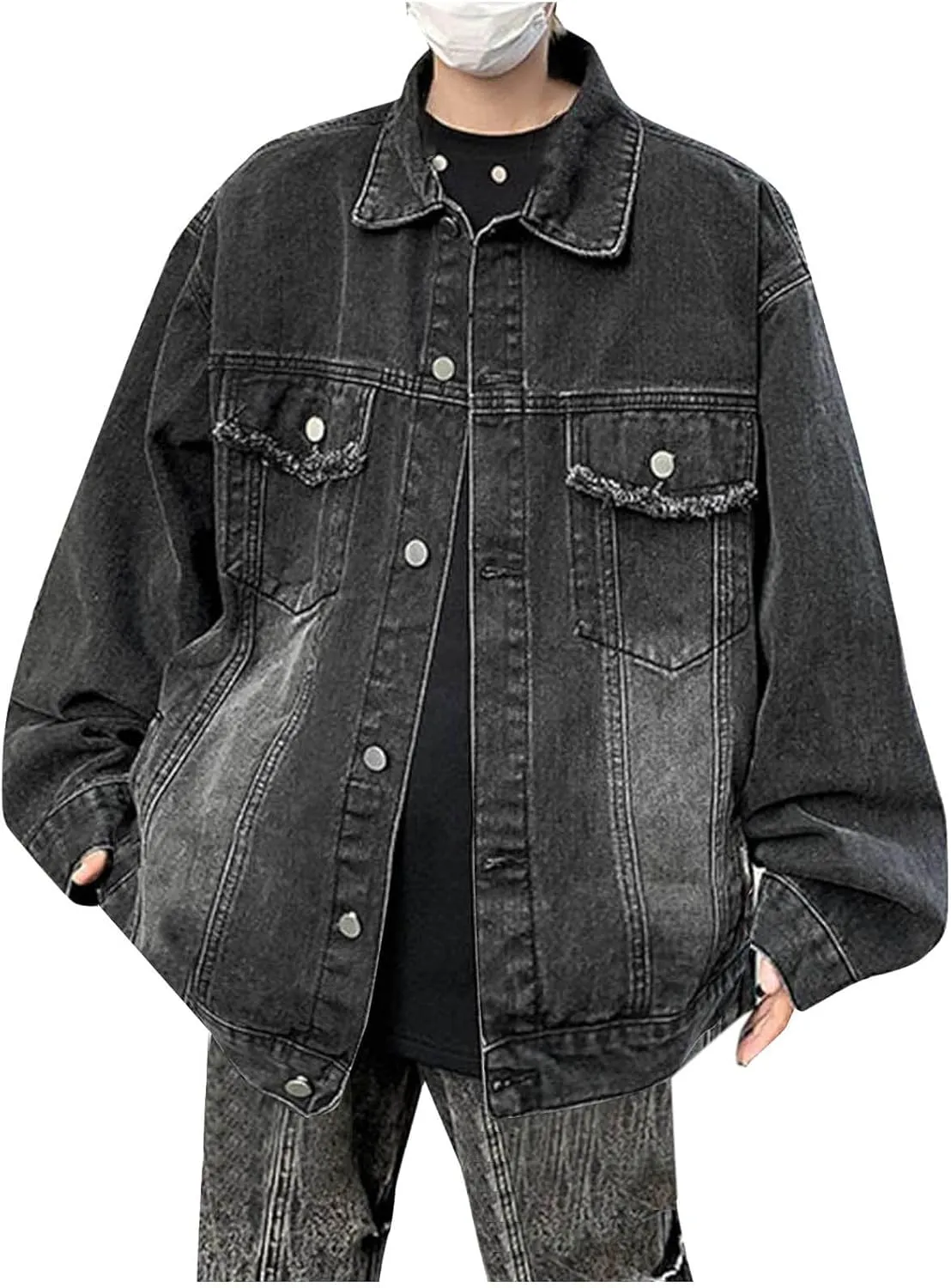 Men's Distressed Denim Jacket Vintage Washed Jean Jacket Long Sleeve Button Down Denim Trucker Coat with Pockets
