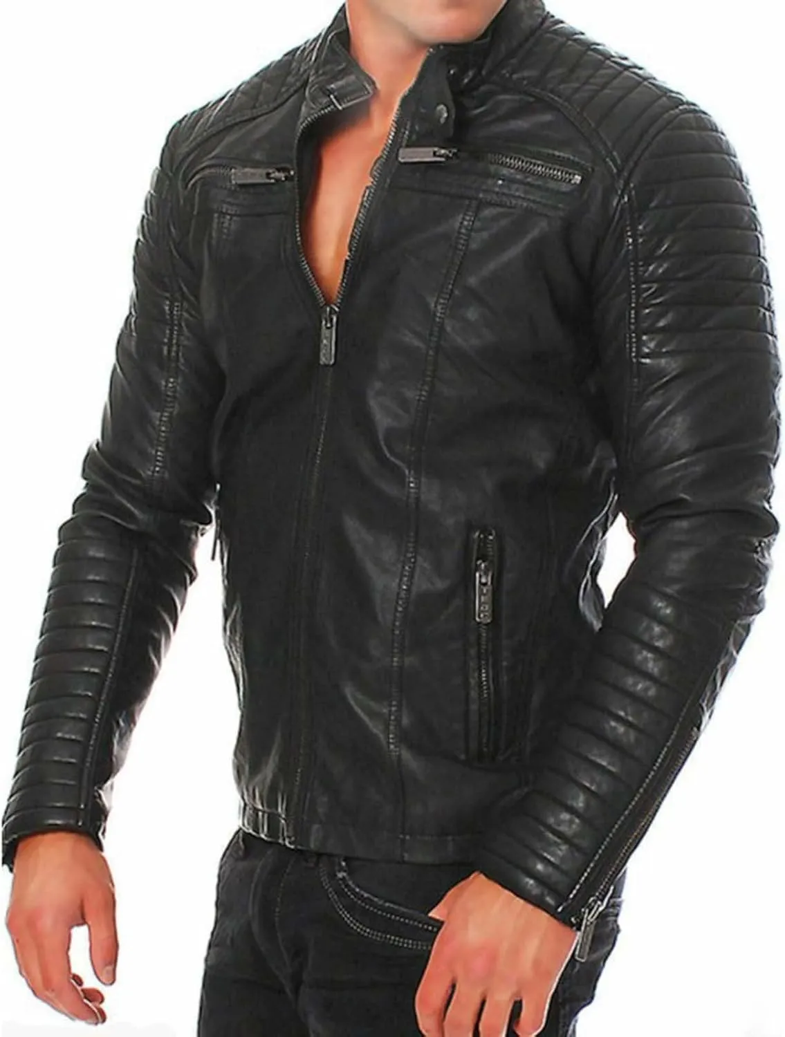 Men's Faux Leather Aviator Bomber Jacket PU Leather Jacket Short Lapel Made of Cowhide Leather w/Side Lacing Men's
