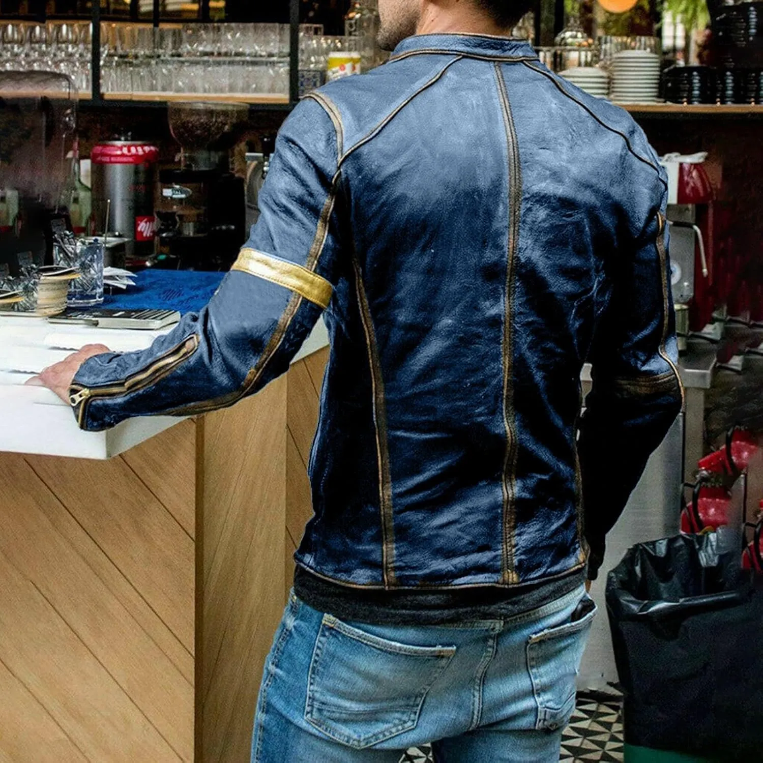 Men's Faux Leather Aviator Bomber Jacket PU Leather Jacket Short Lapel Made of Cowhide Leather w/Side Lacing Men's