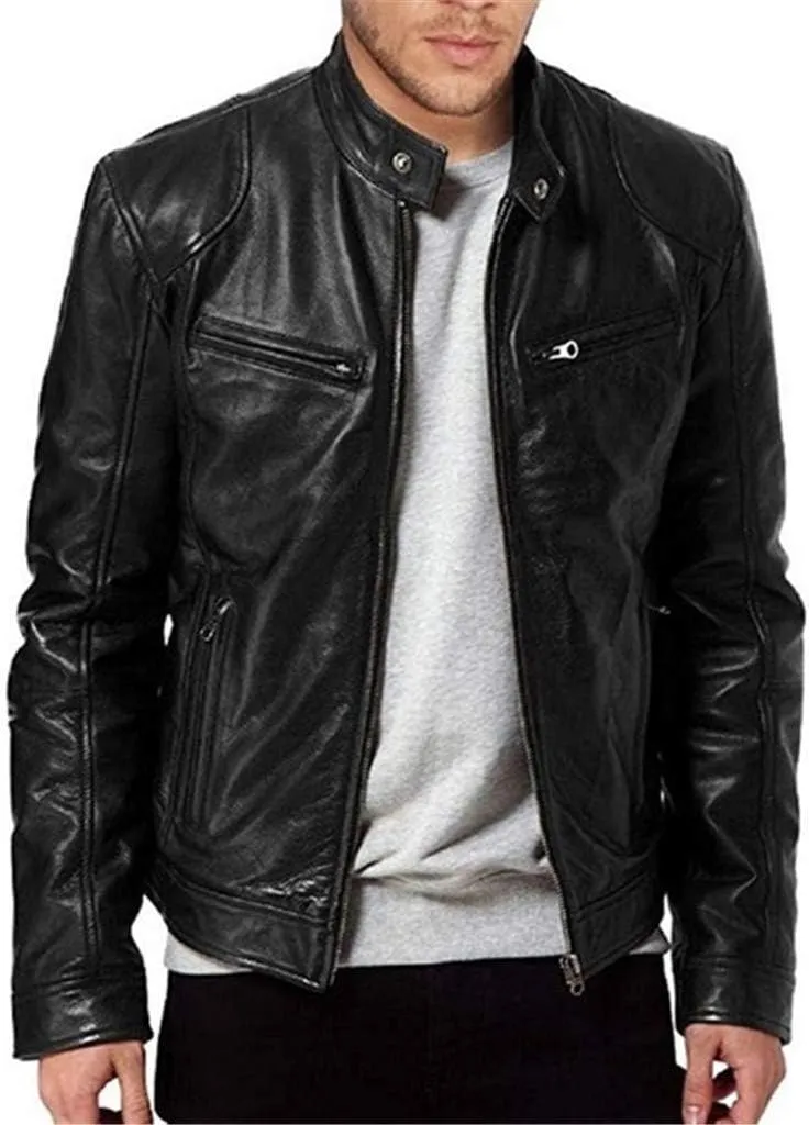 Men's Faux Leather Aviator Bomber Jacket PU Leather Jacket Short Lapel Made of Cowhide Leather w/Side Lacing Men's