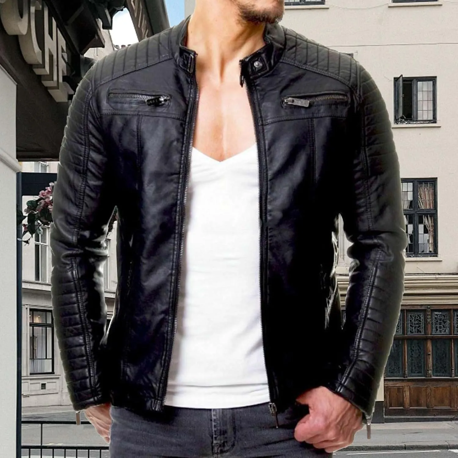 Men's Faux Leather Aviator Bomber Jacket PU Leather Jacket Short Lapel Made of Cowhide Leather w/Side Lacing Men's